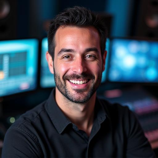 Portretul lui Mihai Ionescu, Director de Producție Digitală, cu un calculator sau echipament de studio în fundal, reflectând meseria sa.