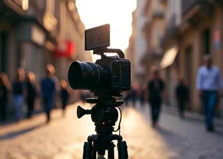Cameră de filmat pe un trepied, filmând o scenă urbană