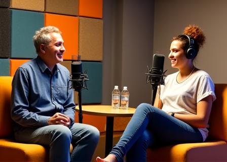 Interviu între două persoane, cu microfoane, într-un studio modern